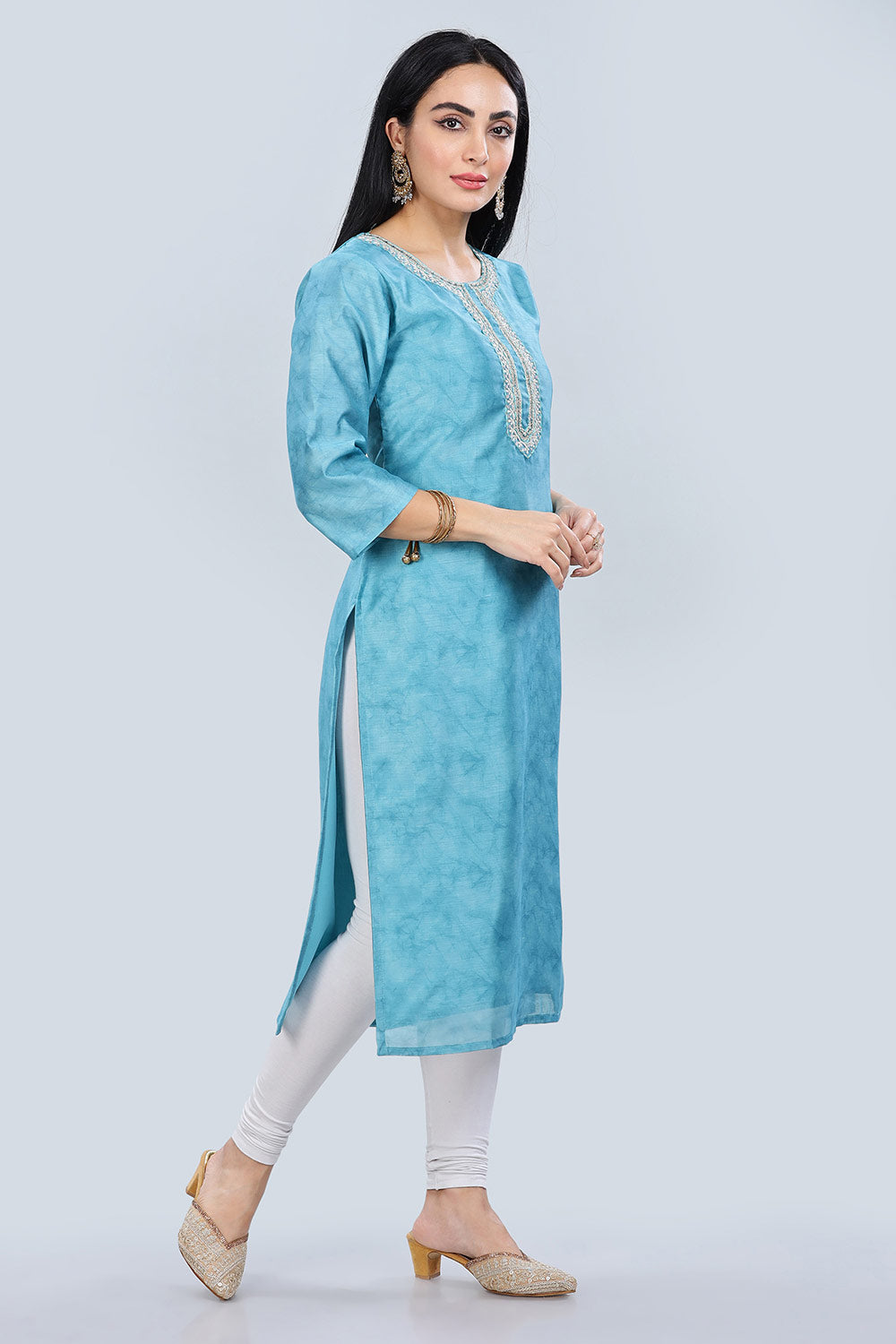 Mythri Trendy V Neck Printed Chanderi Kurta for Women with 3/4th Sleeves - Blue - KU64