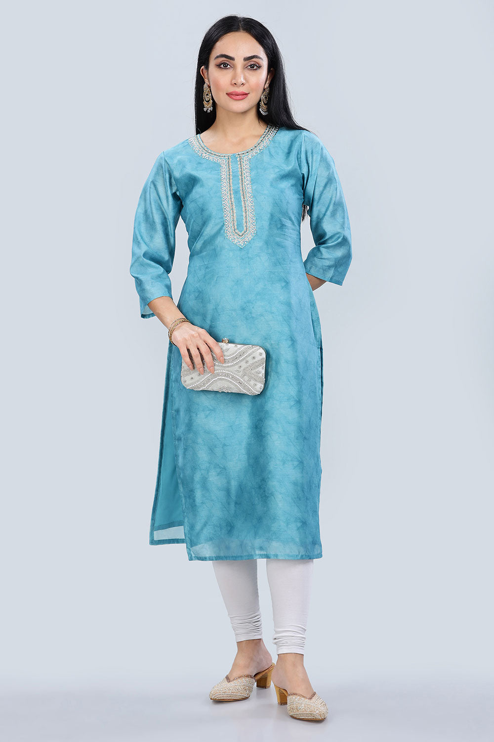 Mythri Trendy V Neck Printed Chanderi Kurta for Women with 3/4th Sleeves - Blue - KU64