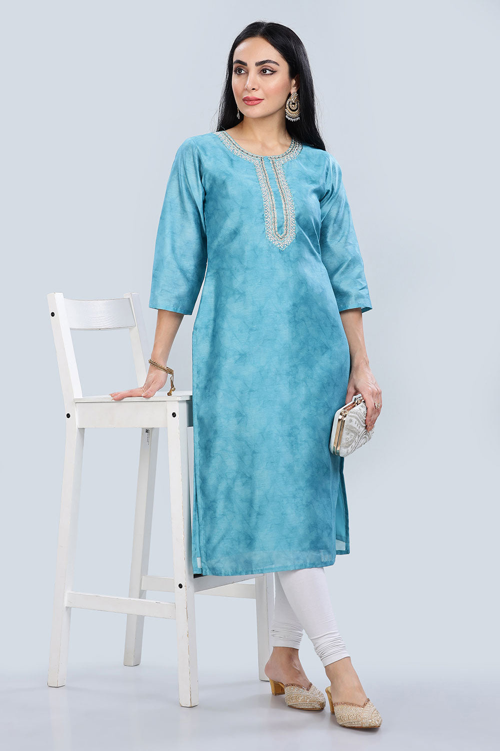 Mythri Trendy V Neck Printed Chanderi Kurta for Women with 3/4th Sleeves - Blue - KU64