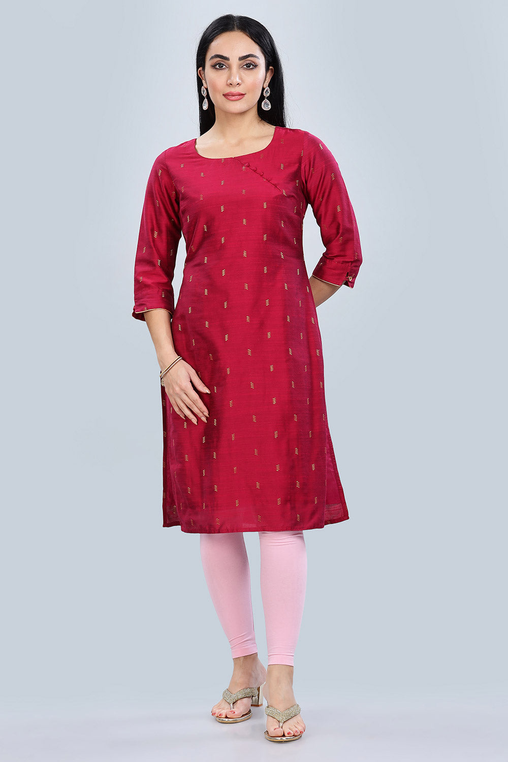 Mythri Asymmetric Neckline With 3/4Th Sleeve Straight Kurtha  - Pink - KU06