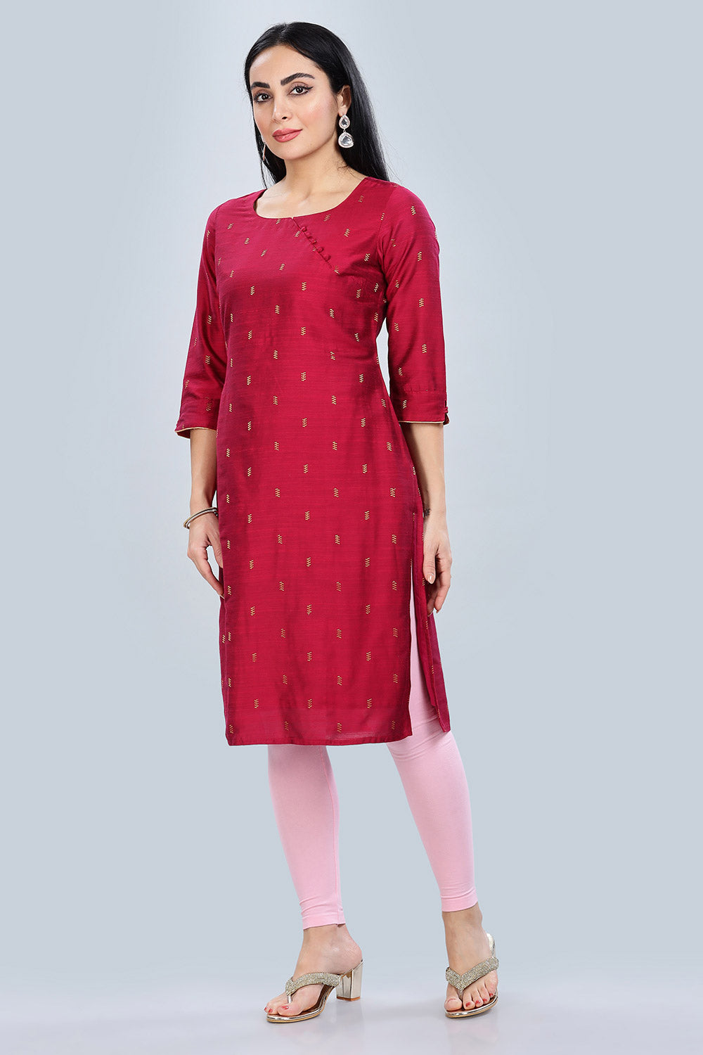 Mythri Asymmetric Neckline With 3/4Th Sleeve Straight Kurtha  - Pink - KU06