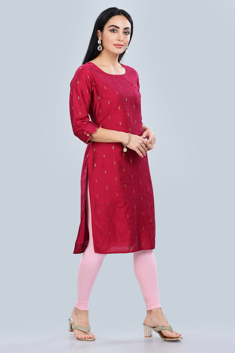 Mythri Asymmetric Neckline With 3/4Th Sleeve Straight Kurtha  - Pink - KU06