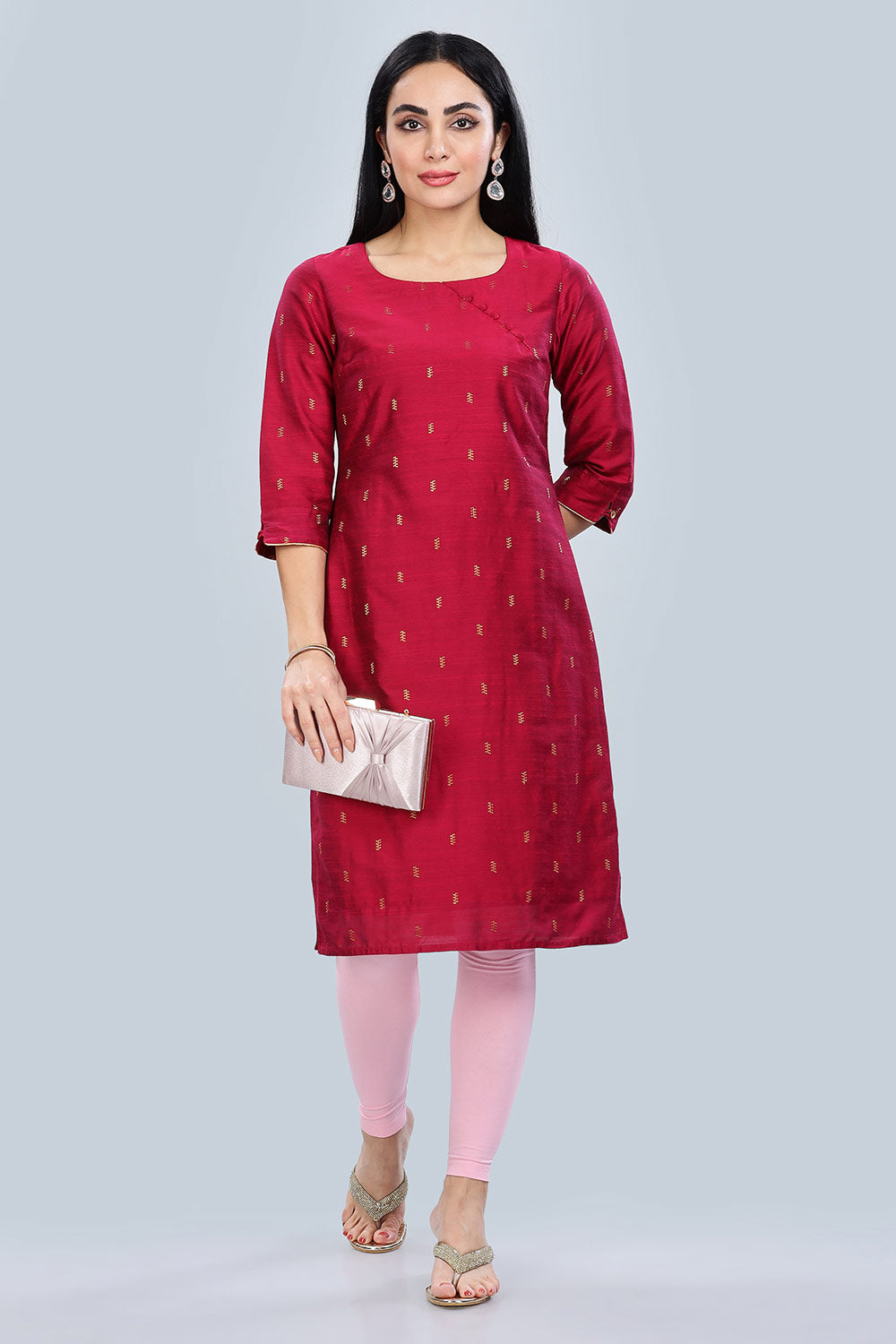 Mythri Asymmetric Neckline With 3/4Th Sleeve Straight Kurtha  - Pink - KU06