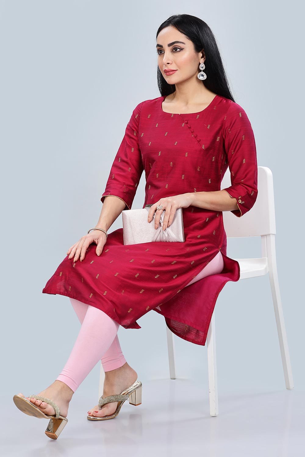 Mythri Asymmetric Neckline With 3/4Th Sleeve Straight Kurtha  - Pink - KU06