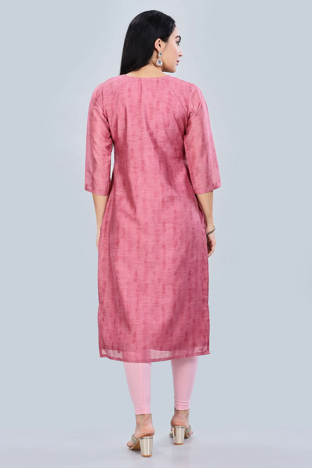 Mythri Trendy V Neck Printed Chanderi Kurta for Women with 3/4th Sleeves - Light Pink - KU63