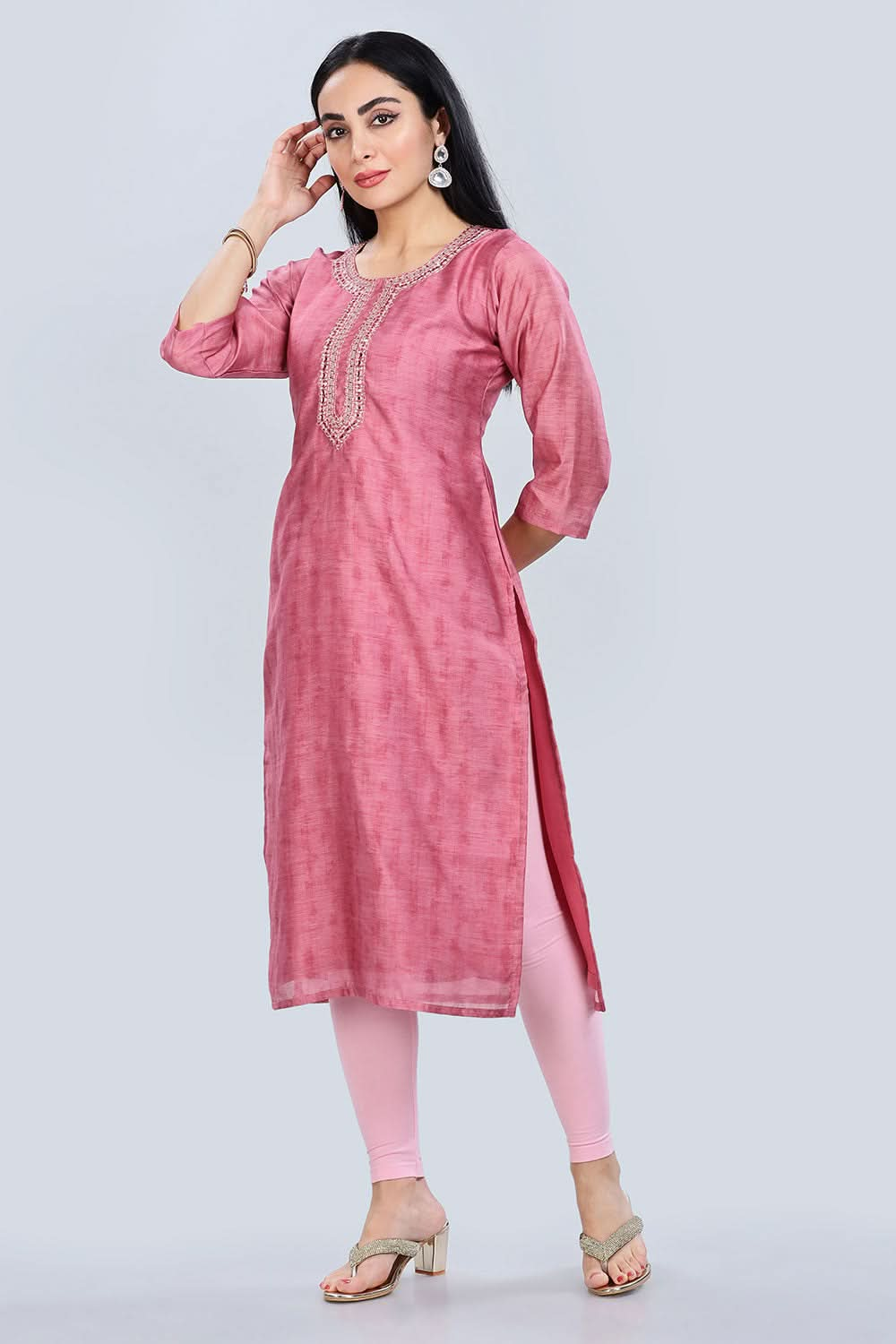 Mythri Trendy V Neck Printed Chanderi Kurta for Women with 3/4th Sleeves - Light Pink - KU63