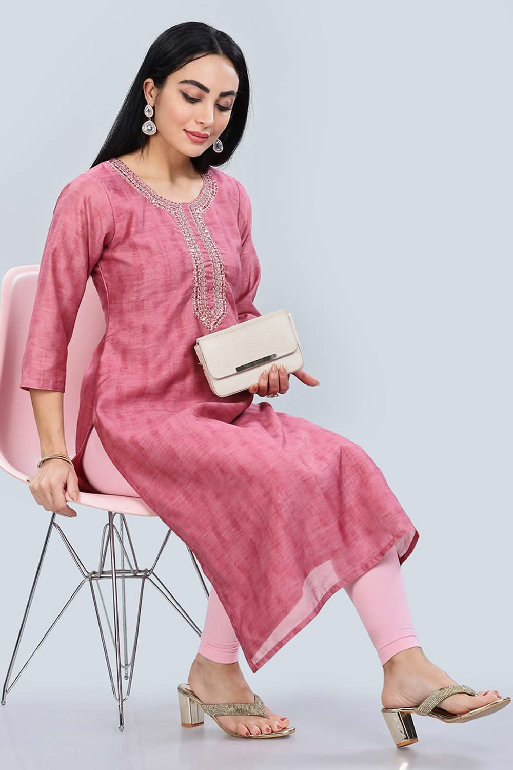 Mythri Trendy V Neck Printed Chanderi Kurta for Women with 3/4th Sleeves - Light Pink - KU63