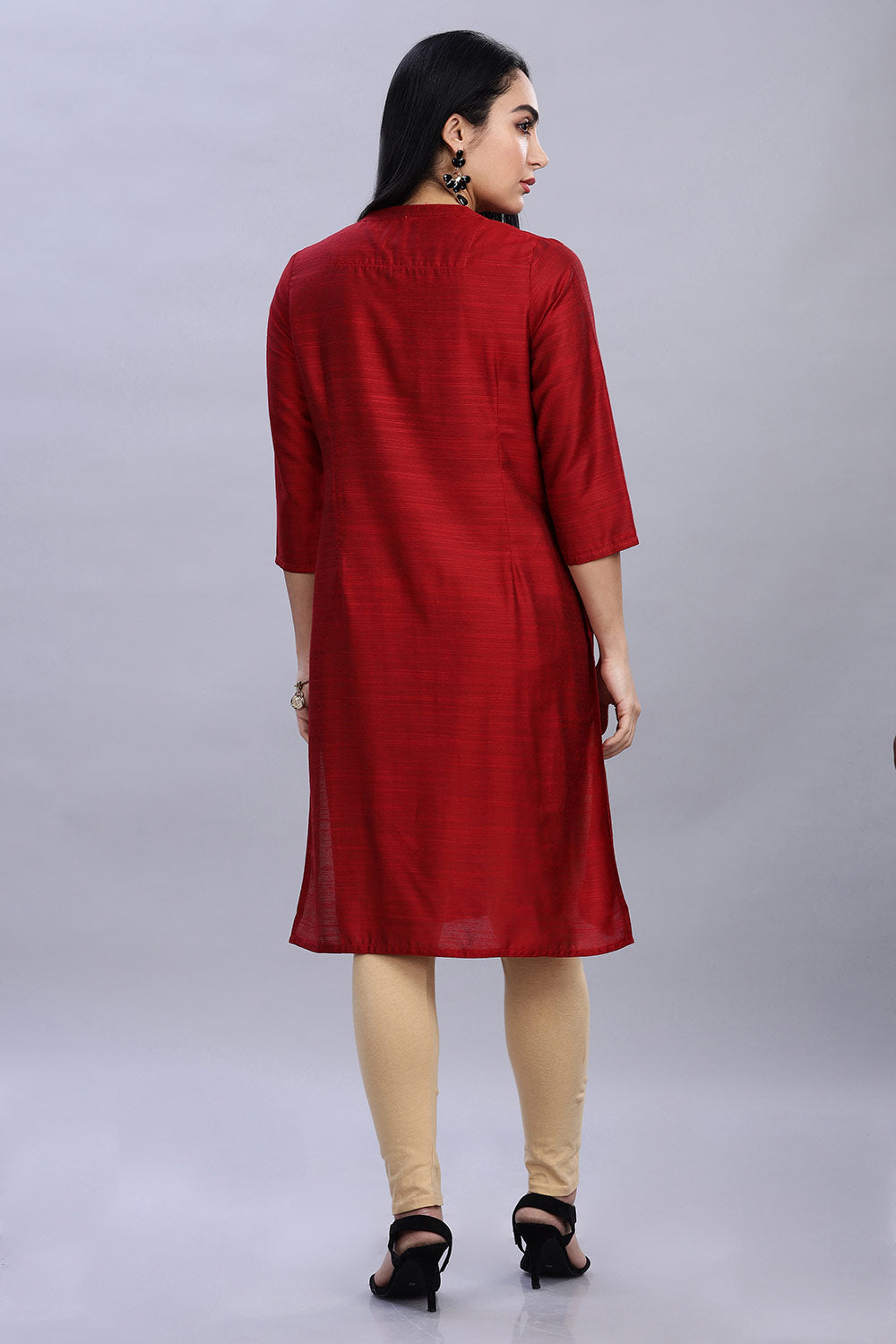 Mythri Ethnic Women's Wear Knee Length Straight Kurtha - Dark Red - KU41