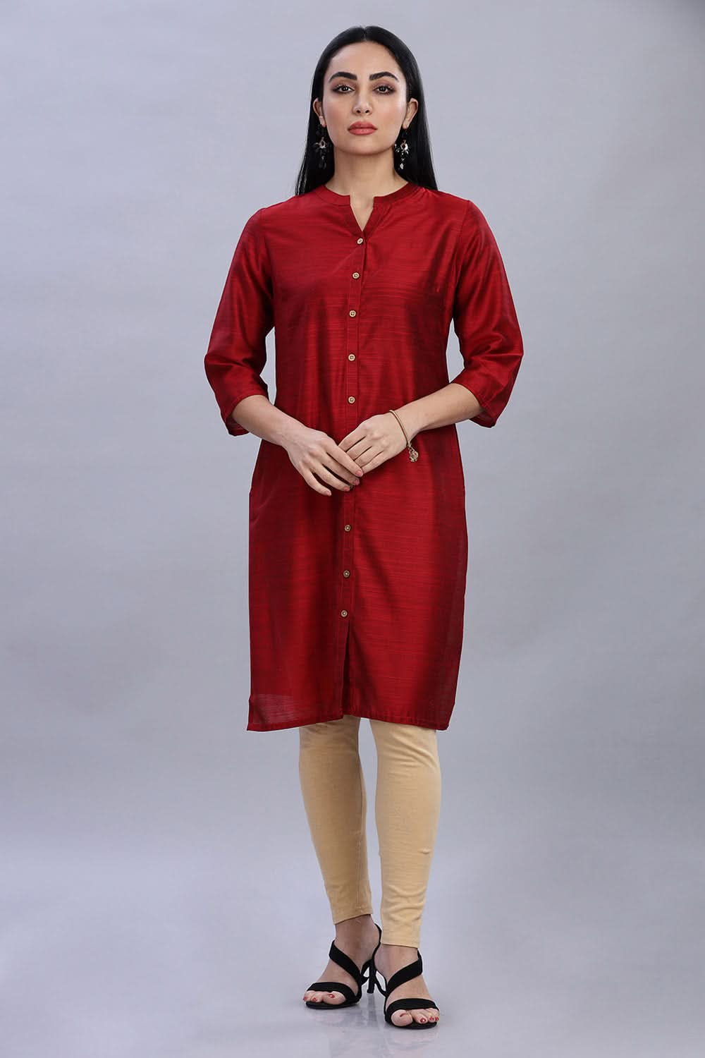 Mythri Ethnic Women's Wear Knee Length Straight Kurtha - Dark Red - KU41