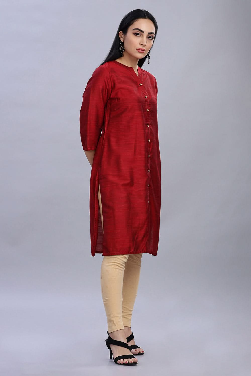 Mythri Ethnic Women's Wear Knee Length Straight Kurtha - Dark Red - KU41