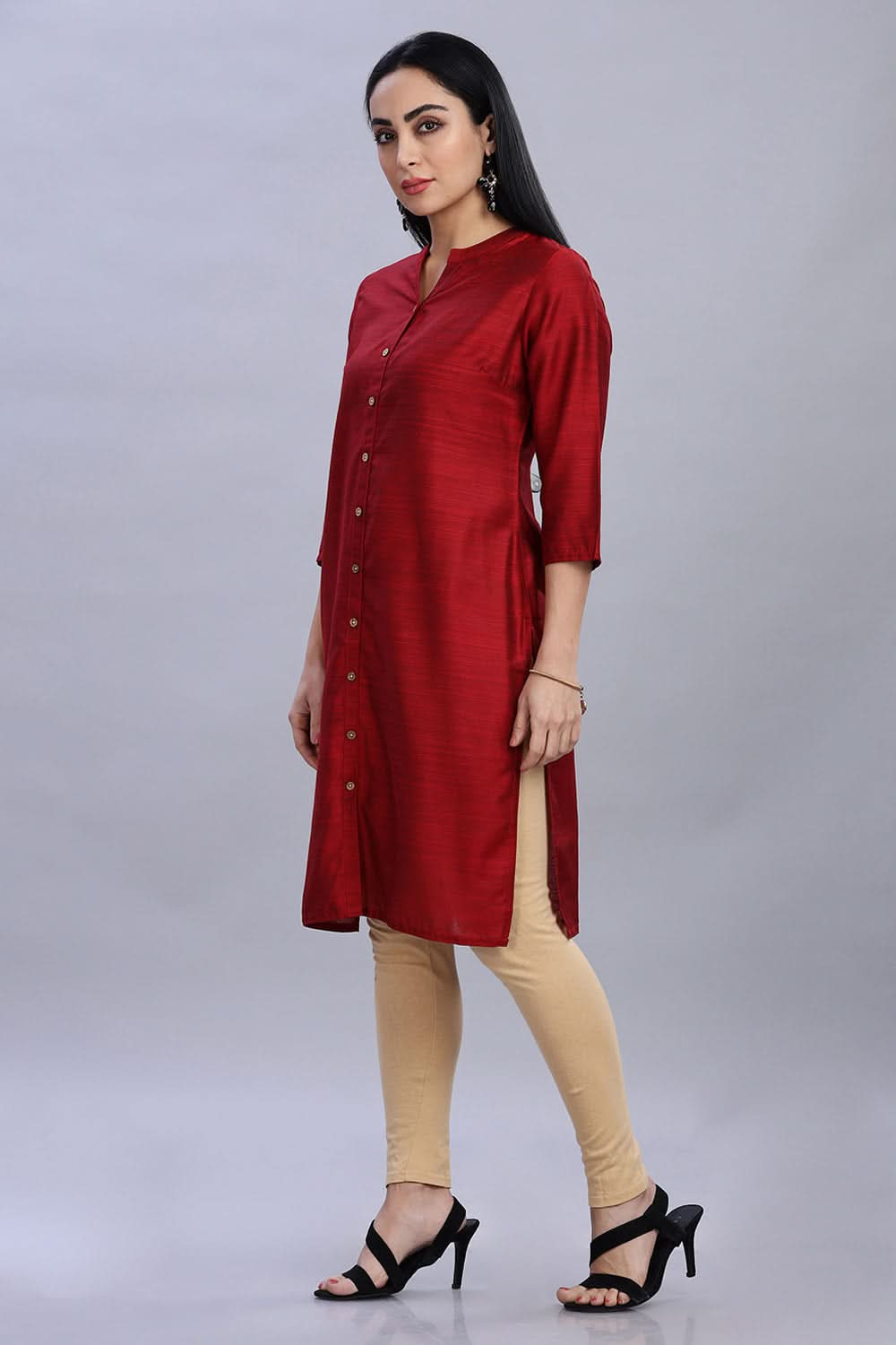 Mythri Ethnic Women's Wear Knee Length Straight Kurtha - Dark Red - KU41