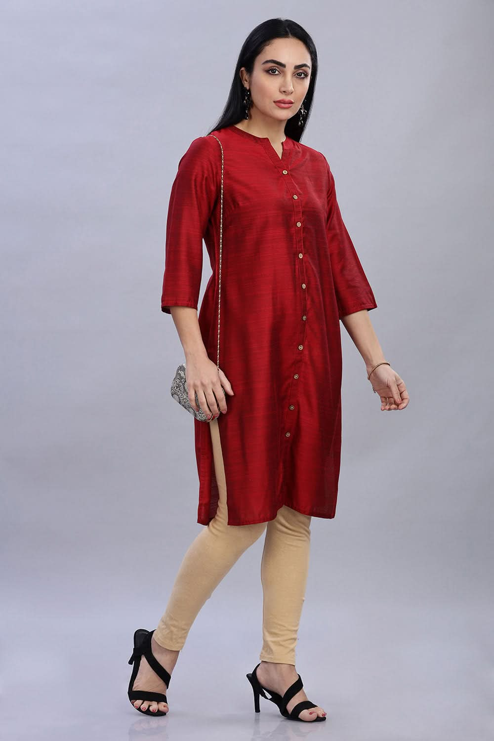 Mythri Ethnic Women's Wear Knee Length Straight Kurtha - Dark Red - KU41