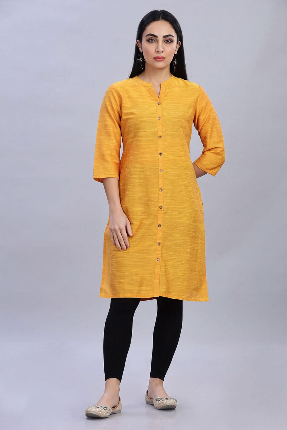 Mythri Ethnic Women's Wear Knee Length Straight Kurtha - Yellow - KU41