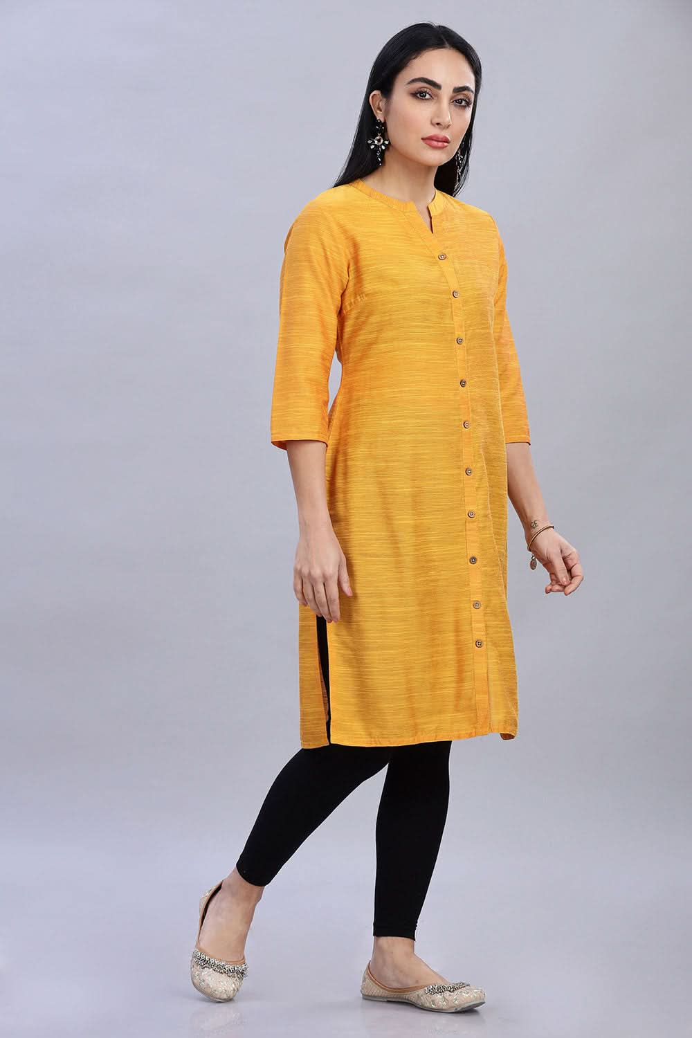 Mythri Ethnic Women's Wear Knee Length Straight Kurtha - Yellow - KU41