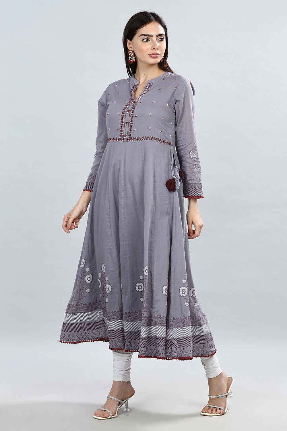 Mythri Round Neck Anarkali Kurta With 3/4th Sleeves - Grey - KU50