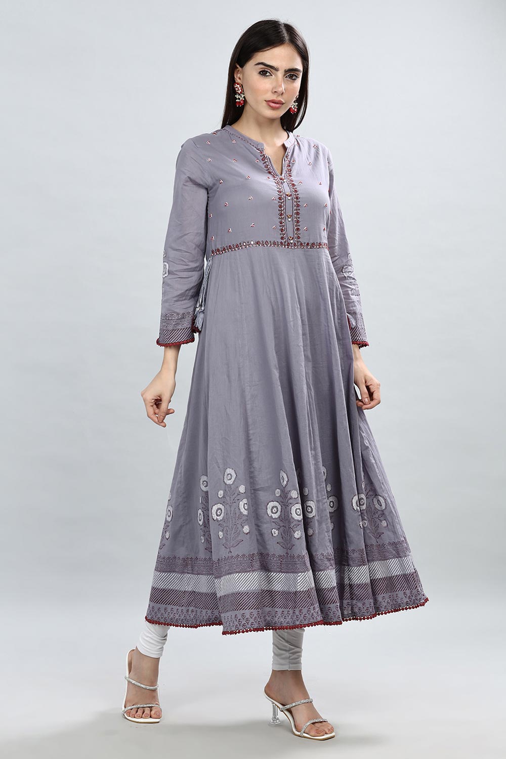 Mythri Round Neck Anarkali Kurta With 3/4th Sleeves - Grey - KU50