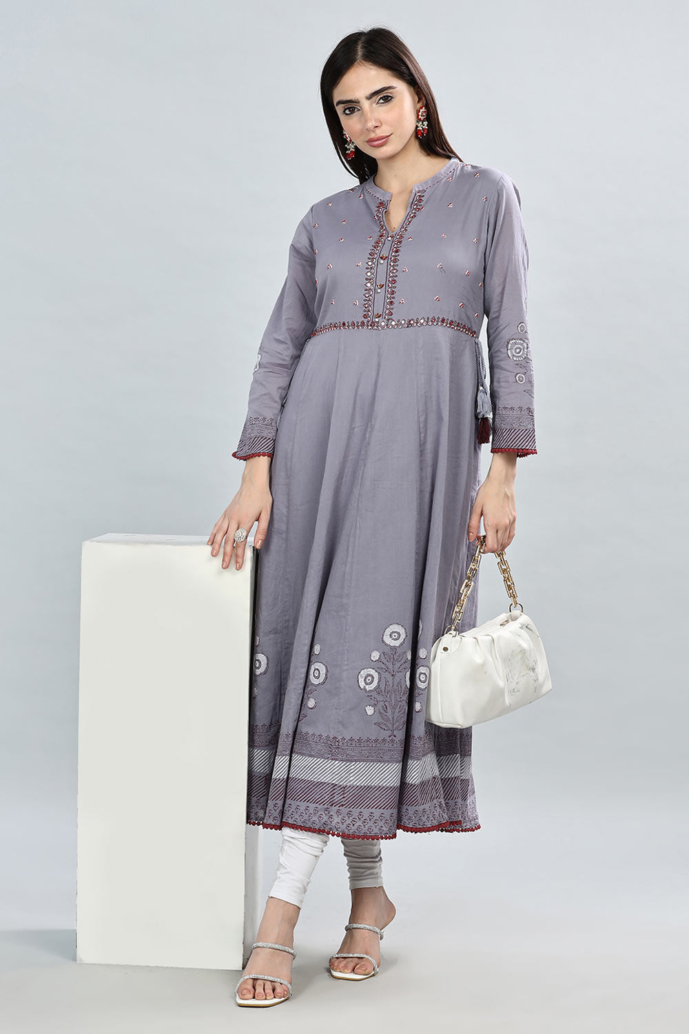 Mythri Round Neck Anarkali Kurta With 3/4th Sleeves - Grey - KU50