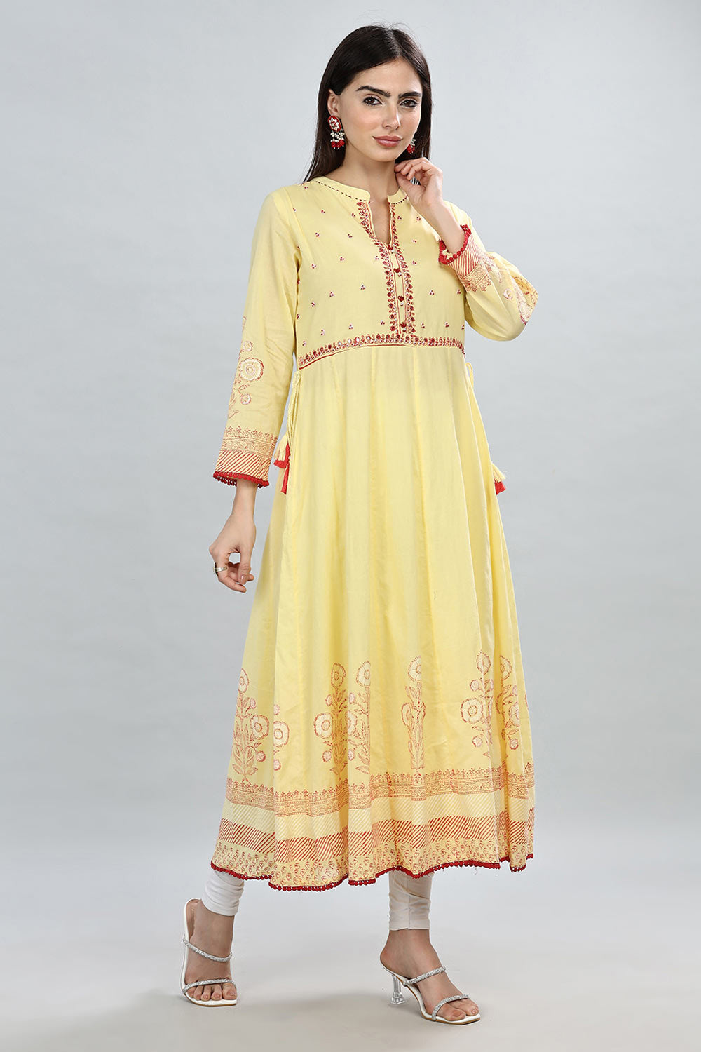 Mythri Round Neck Anarkali Kurta With 3/4th Sleeves - Yellow - KU49