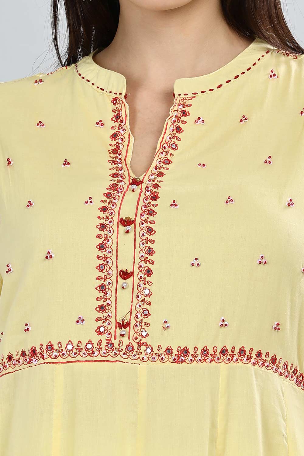 Mythri Round Neck Anarkali Kurta With 3/4th Sleeves - Yellow - KU49