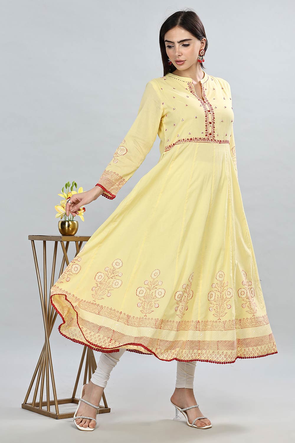 Mythri Round Neck Anarkali Kurta With 3/4th Sleeves - Yellow - KU49