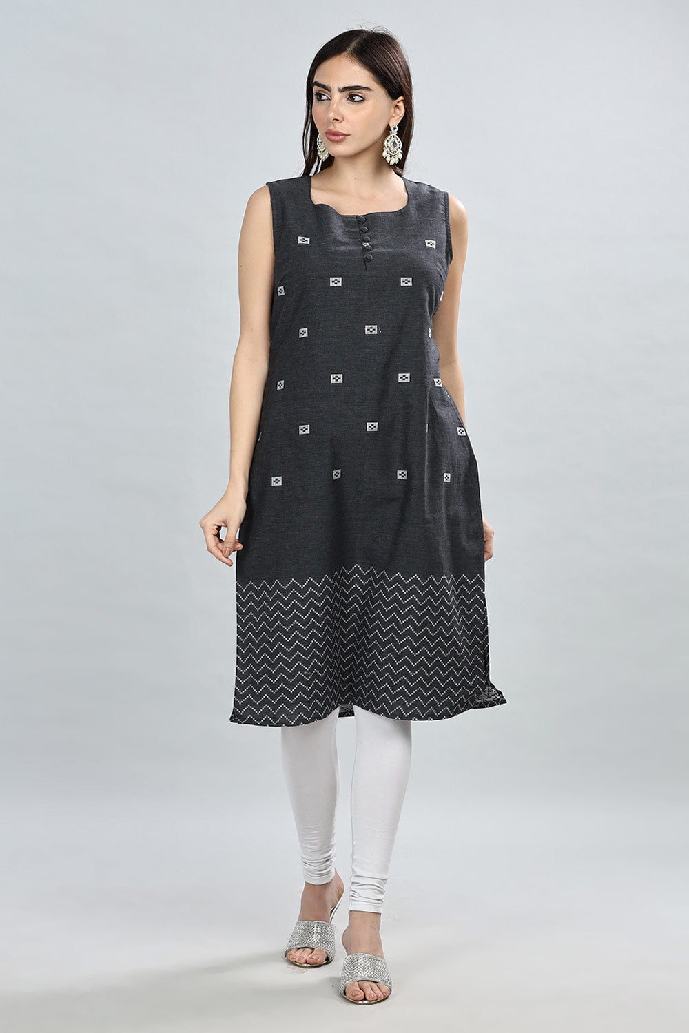 Mythri Round Neck Sleeveless Kurtha  - Dark Grey - KU33