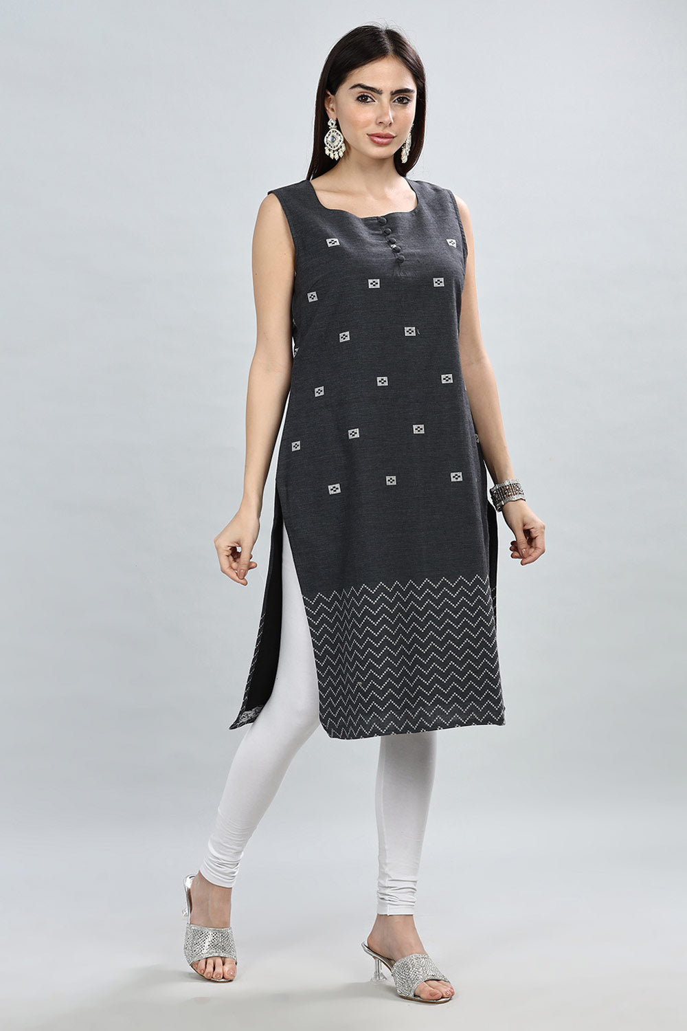 Mythri Round Neck Sleeveless Kurtha  - Dark Grey - KU33