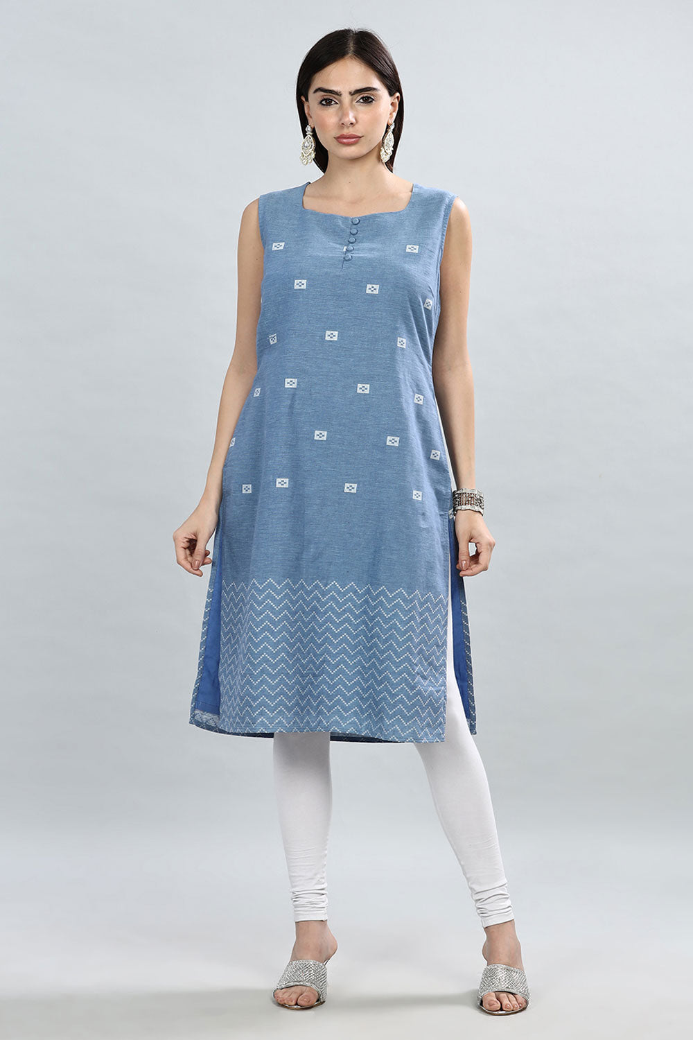 Mythri Round Neck Sleeveless Kurtha  - Light Blue - KU33