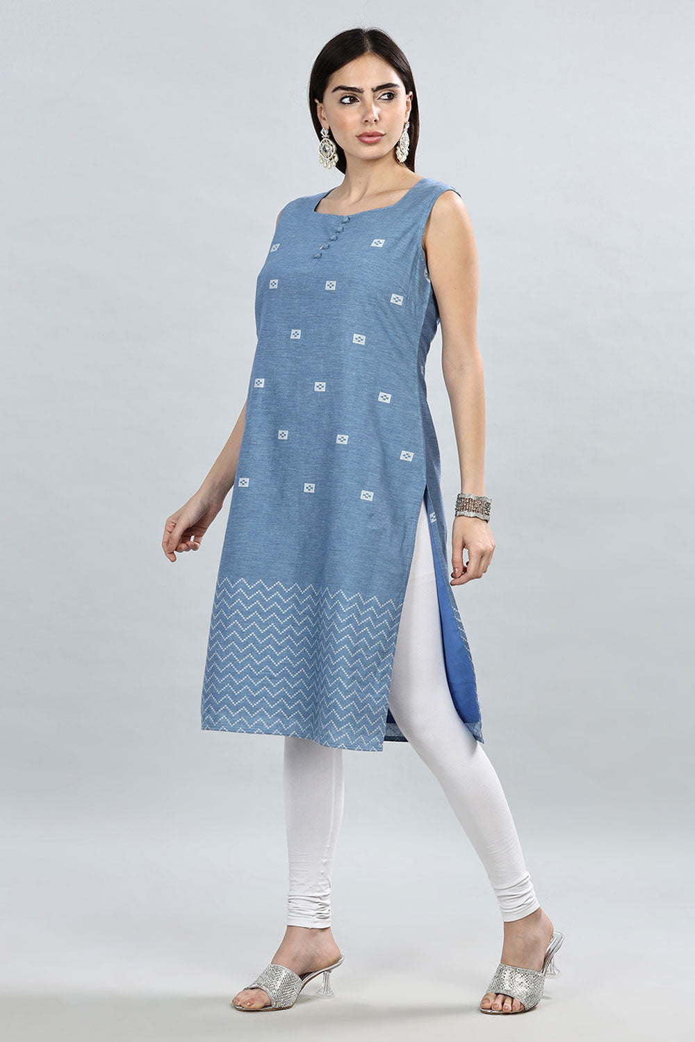 Mythri Round Neck Sleeveless Kurtha  - Light Blue - KU33