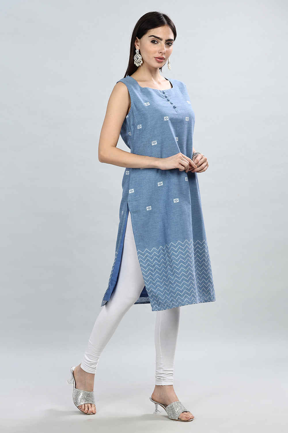 Mythri Round Neck Sleeveless Kurtha  - Light Blue - KU33