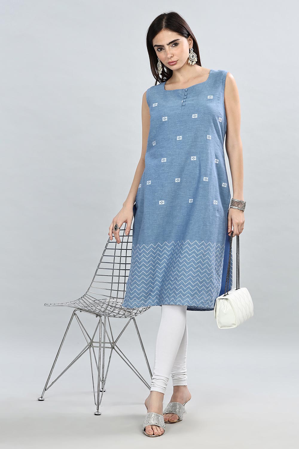 Mythri Round Neck Sleeveless Kurtha  - Light Blue - KU33