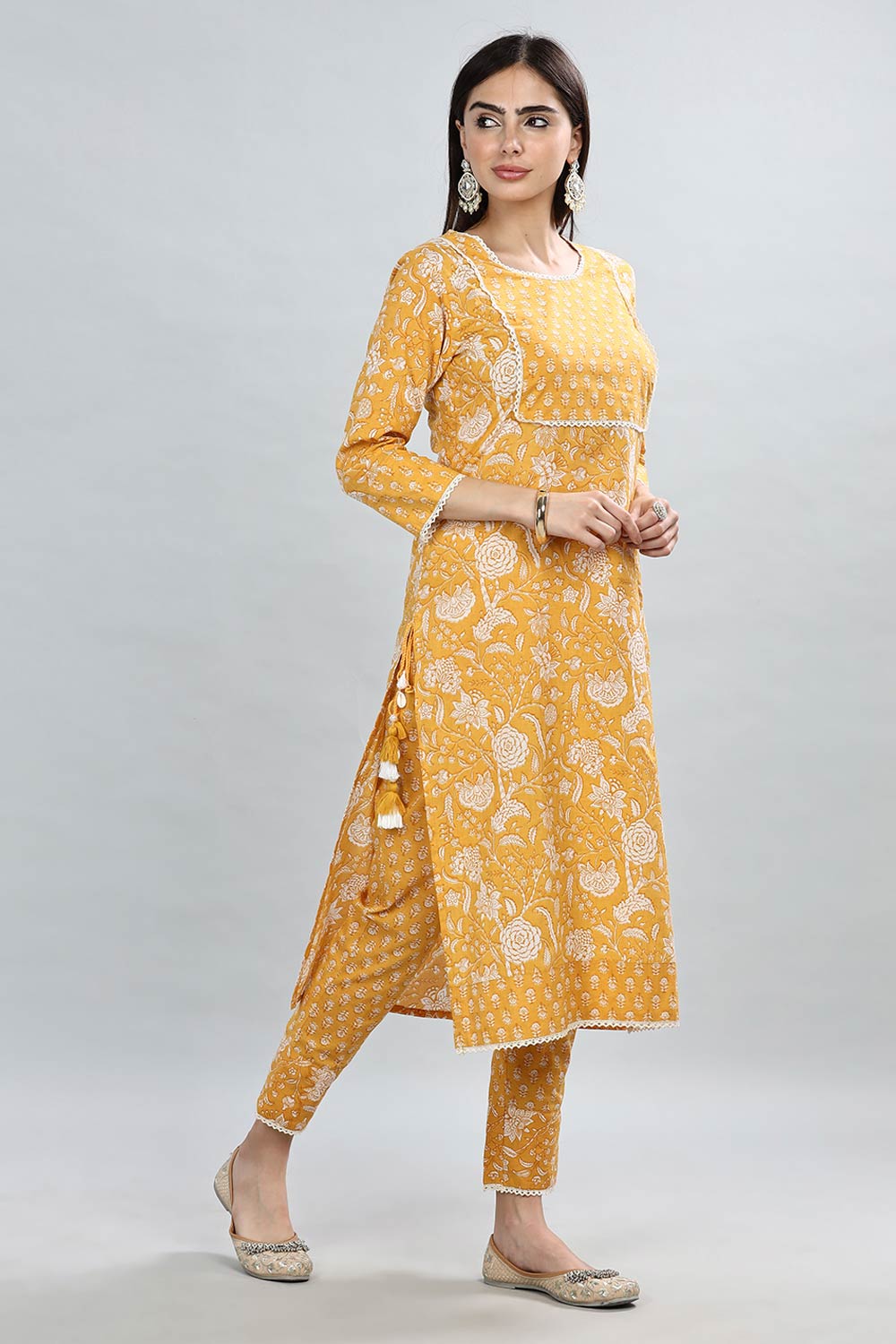 Mythri Office Wear Women's Casual Kurta Round Neck with 3/4th Sleeves  - Yellow - SS03