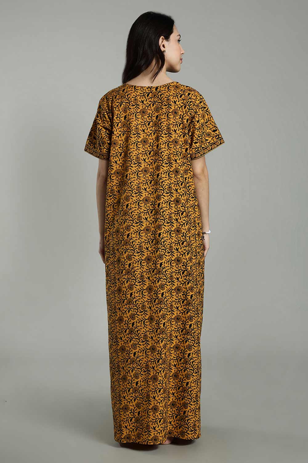 Naidu Hall Women’s Full-Length Cotton Nighty – Border Patch Neckline, Sleeve Detailing & Side Pocket
 - Mustard - NA39