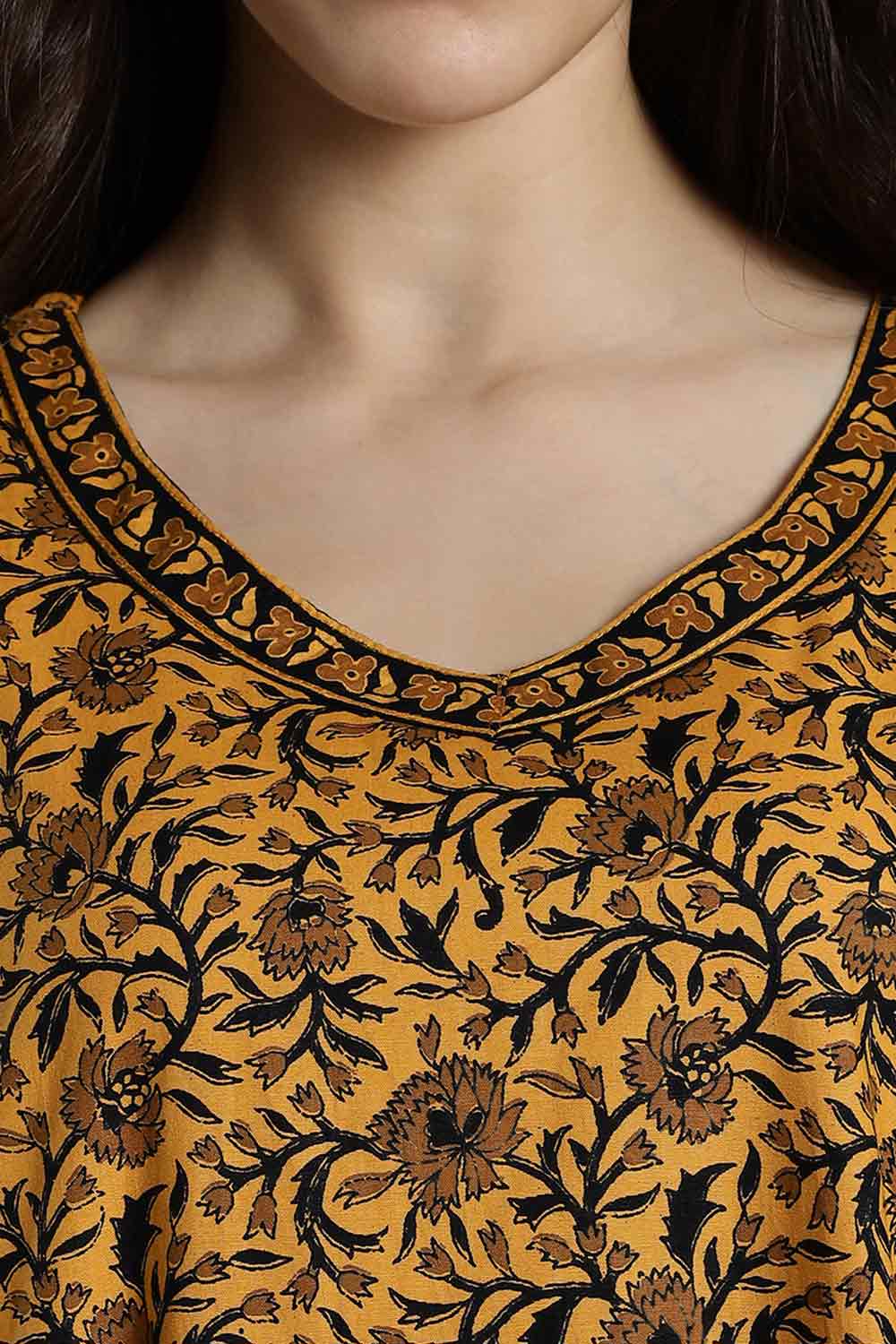 Naidu Hall Women’s Full-Length Cotton Nighty – Border Patch Neckline, Sleeve Detailing & Side Pocket
 - Mustard - NA39