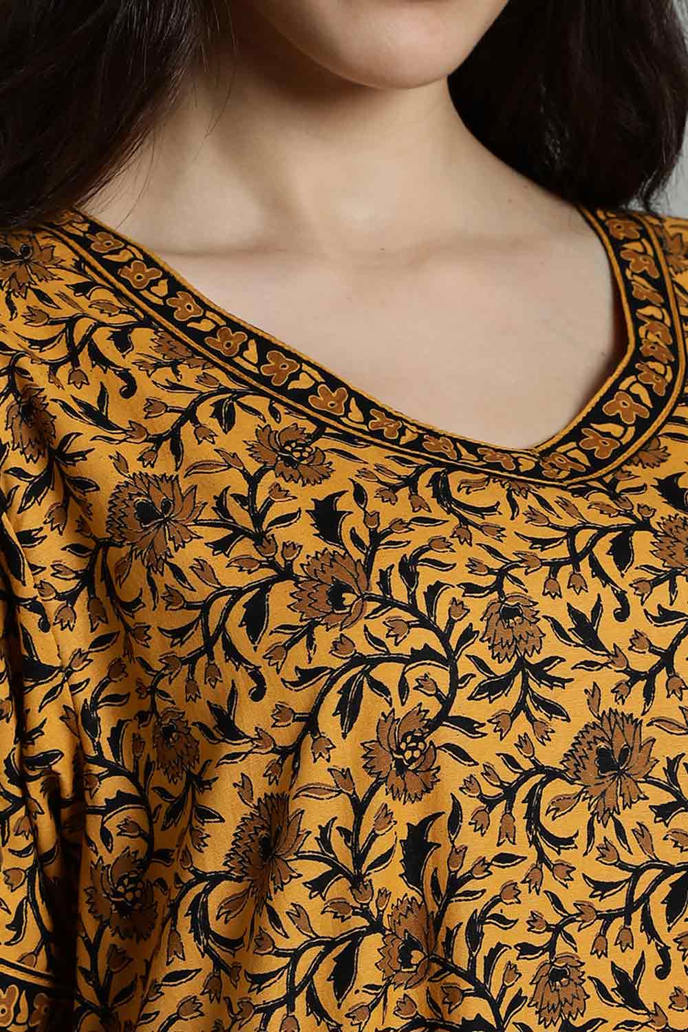 Naidu Hall Women’s Full-Length Cotton Nighty – Border Patch Neckline, Sleeve Detailing & Side Pocket
 - Mustard - NA39