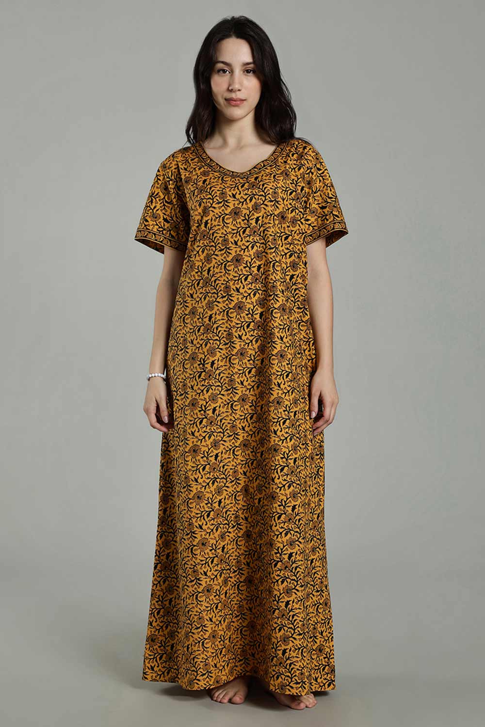 Naidu Hall Women’s Full-Length Cotton Nighty – Border Patch Neckline, Sleeve Detailing & Side Pocket
 - Mustard - NA39