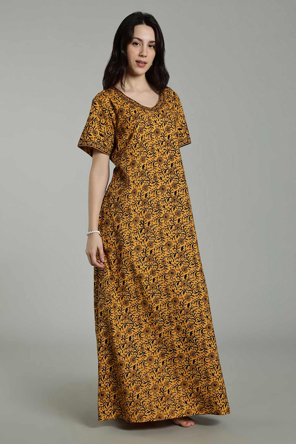 Naidu Hall Women’s Full-Length Cotton Nighty – Border Patch Neckline, Sleeve Detailing & Side Pocket
 - Mustard - NA39