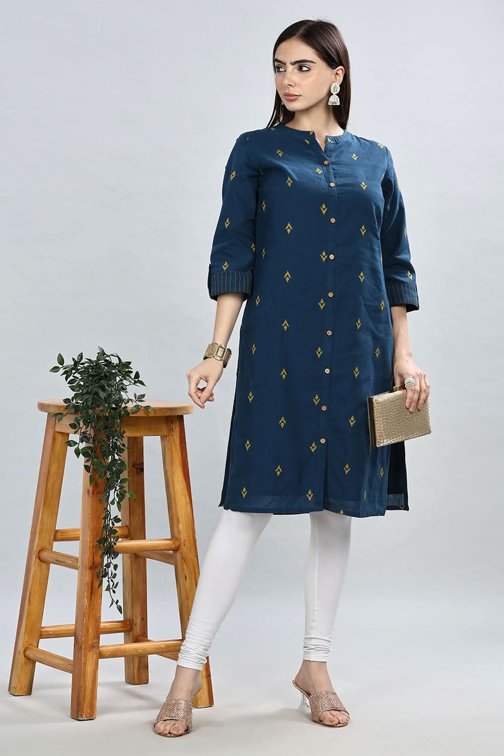 Mythri Women's Mandarin Collar Dobby Textured Cotton Kurta with Soft Lining  - Dark Blue - KU37