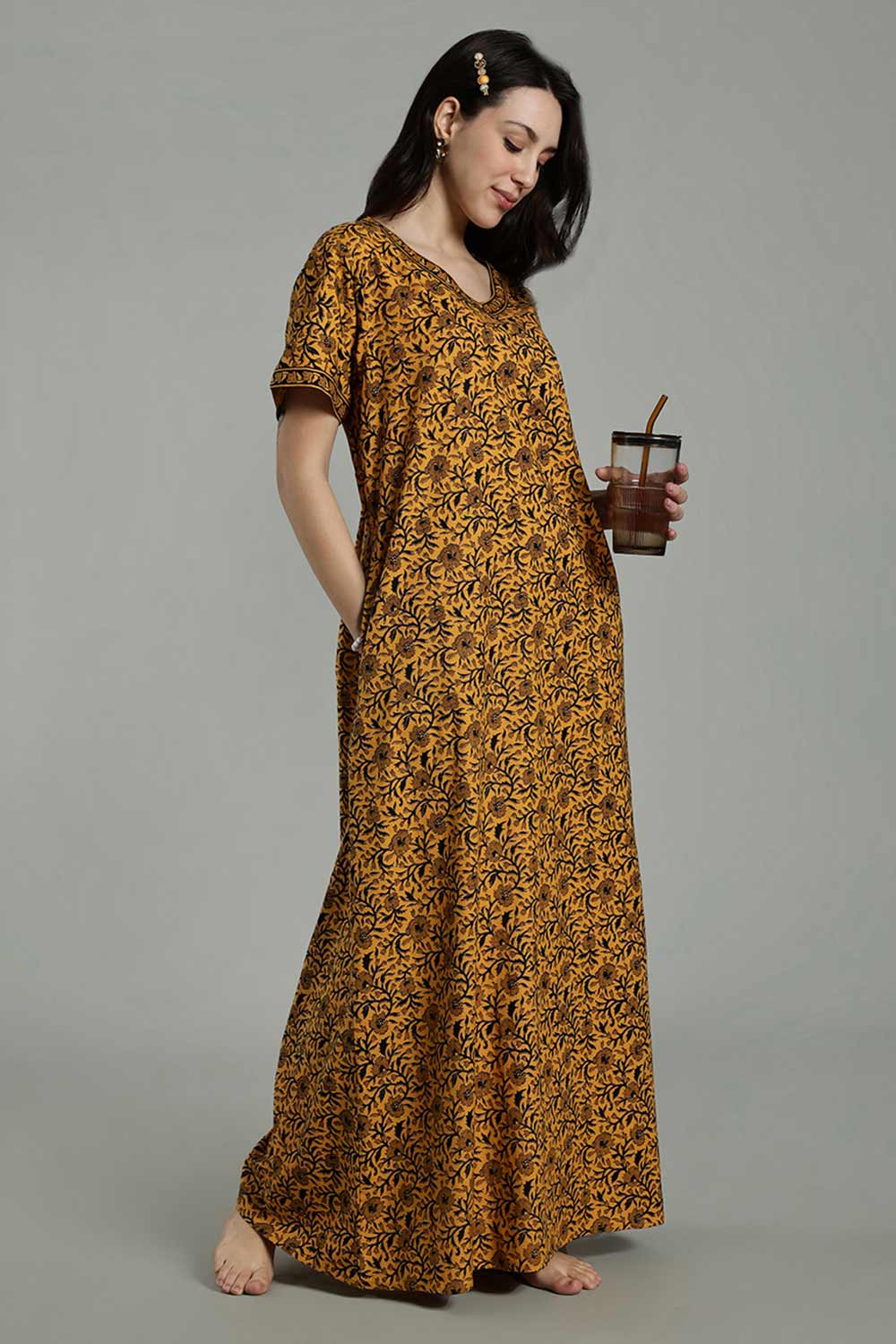 Naidu Hall Women’s Full-Length Cotton Nighty – Border Patch Neckline, Sleeve Detailing & Side Pocket
 - Mustard - NA39