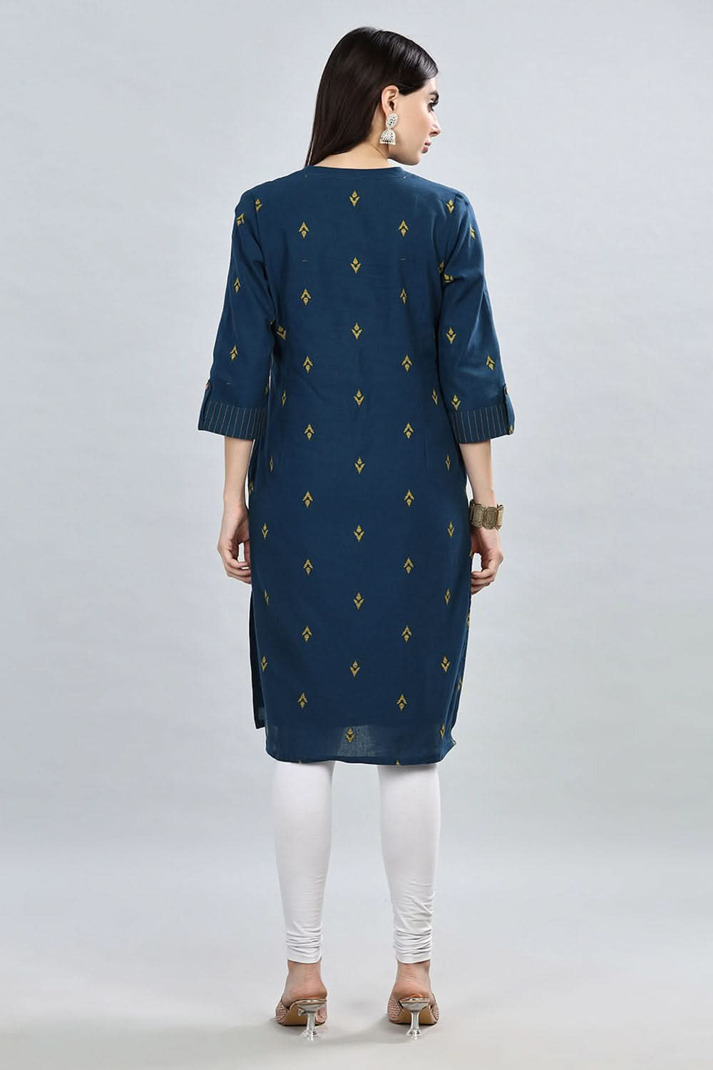 Mythri Women's Mandarin Collar Dobby Textured Cotton Kurta with Soft Lining  - Dark Blue - KU37