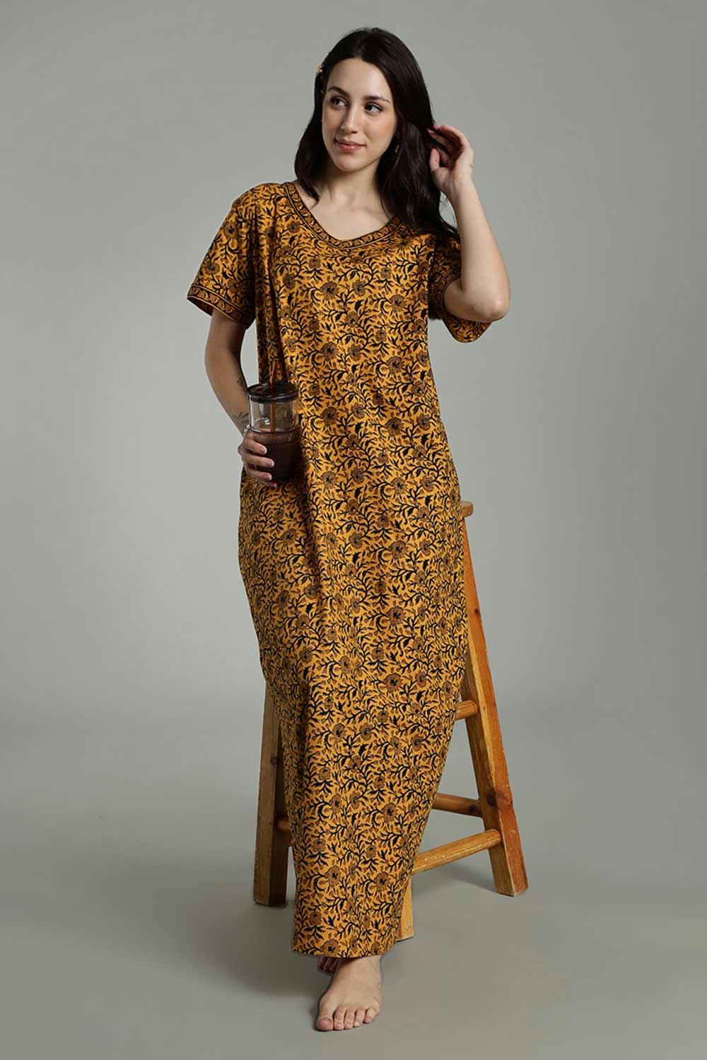 Naidu Hall Women’s Full-Length Cotton Nighty – Border Patch Neckline, Sleeve Detailing & Side Pocket
 - Mustard - NA39