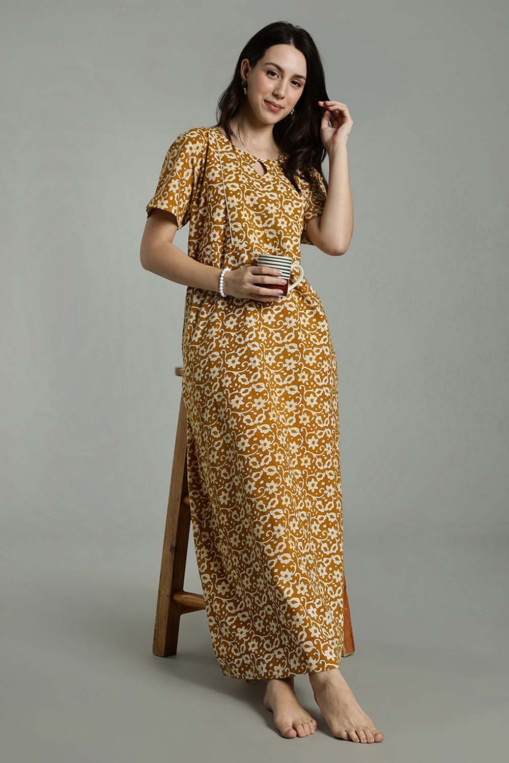 Naidu Hall Naidu Hall Women's Cotton A-Line Nighty with Pocket – Floral Vine Print
 - Yellow - NA40