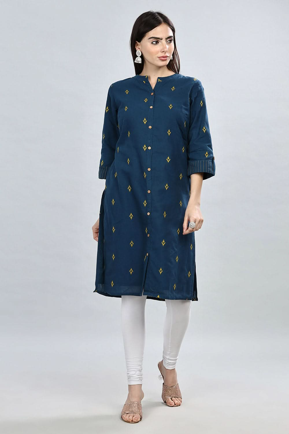 Mythri Women's Mandarin Collar Dobby Textured Cotton Kurta with Soft Lining  - Dark Blue - KU37