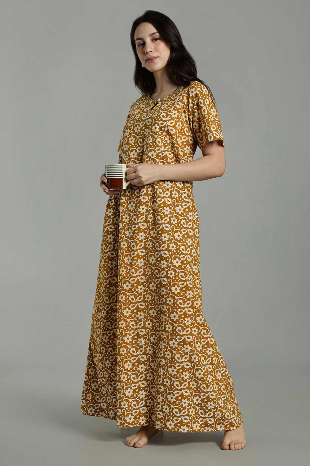 Naidu Hall Naidu Hall Women's Cotton A-Line Nighty with Pocket – Floral Vine Print
 - Yellow - NA40