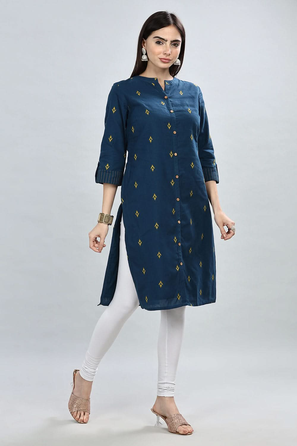 Mythri Women's Mandarin Collar Dobby Textured Cotton Kurta with Soft Lining  - Dark Blue - KU37