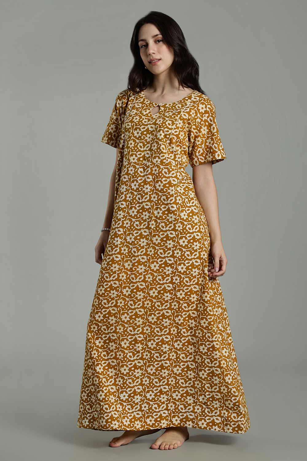 Naidu Hall Naidu Hall Women’s Cotton A-Line Nighty with Pocket – Floral Vine Print
 - Yellow - NA40