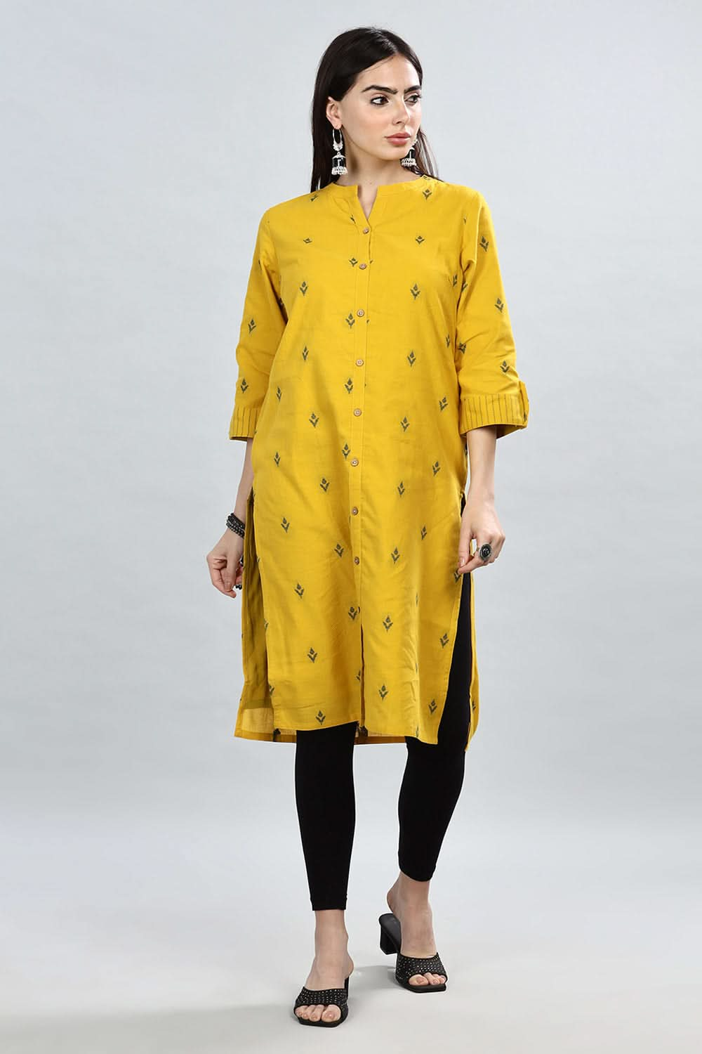 Mythri Women's Mandarin Collar Dobby Textured Cotton Kurta with Soft Lining  - Light Yellow - KU37