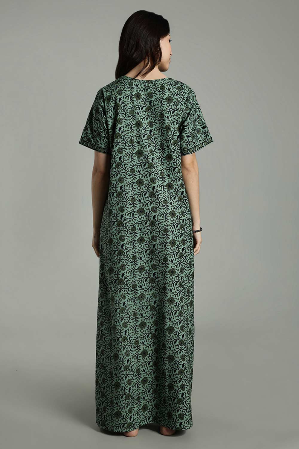 Naidu Hall Women's Full-Length Cotton Nighty – Border Patch Neckline, Sleeve Detailing & Side Pocket
 - Green - NA39
