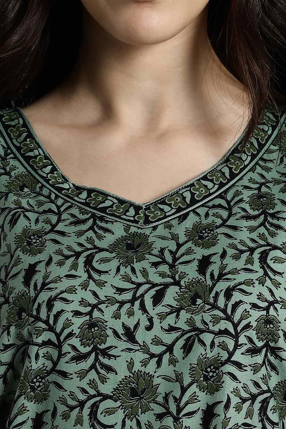 Naidu Hall Women's Full-Length Cotton Nighty – Border Patch Neckline, Sleeve Detailing & Side Pocket
 - Green - NA39