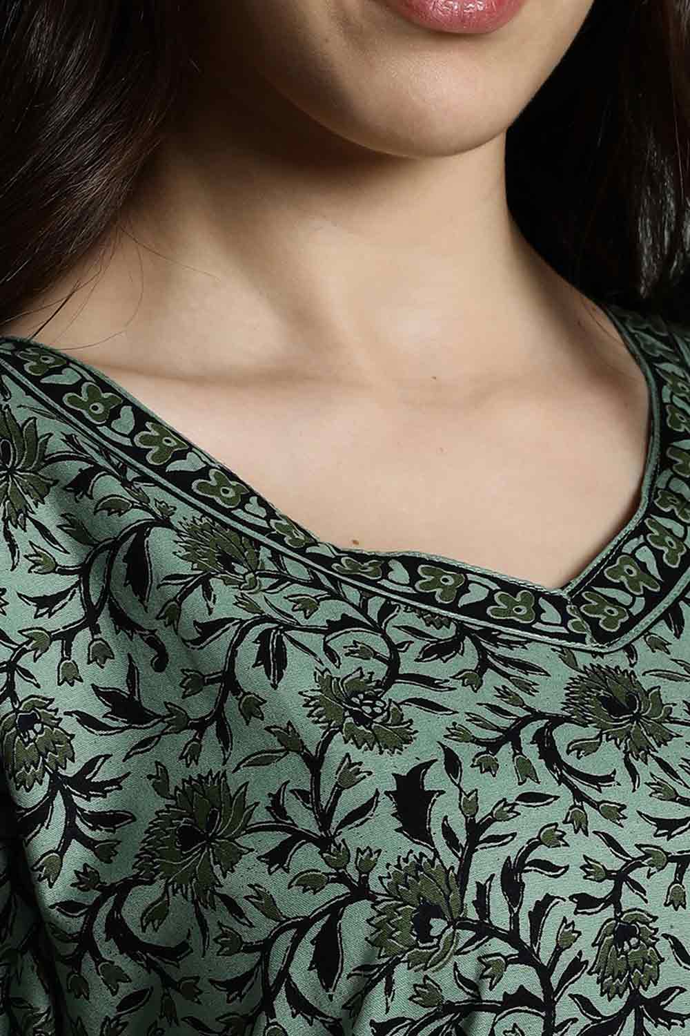 Naidu Hall Women's Full-Length Cotton Nighty – Border Patch Neckline, Sleeve Detailing & Side Pocket
 - Green - NA39