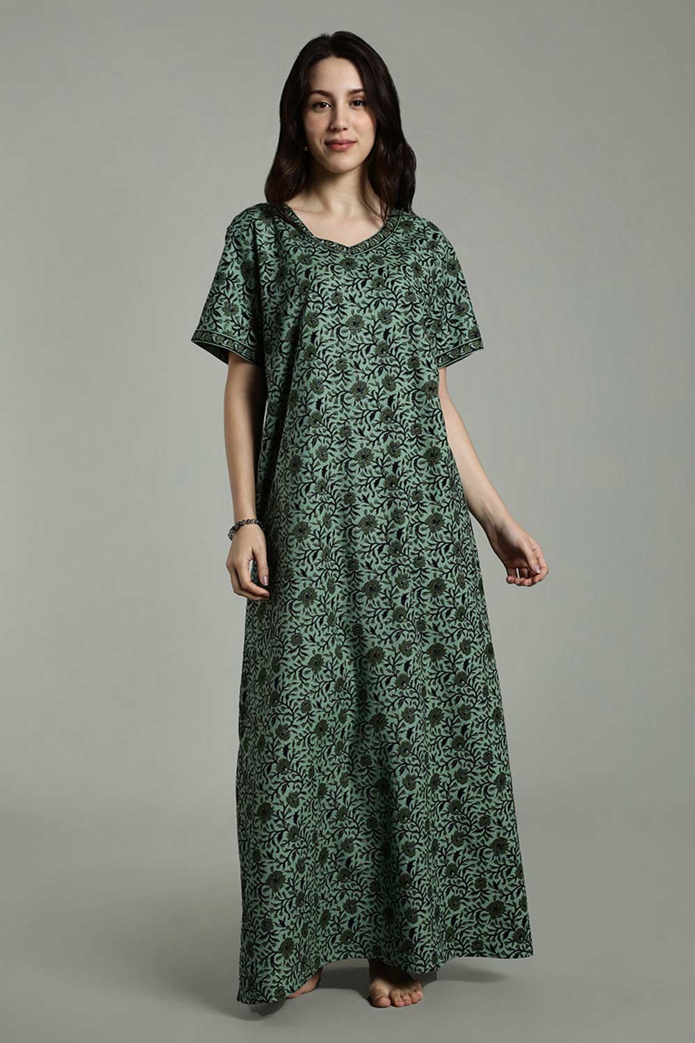 Naidu Hall Women’s Full-Length Cotton Nighty – Border Patch Neckline, Sleeve Detailing & Side Pocket
 - Green - NA39